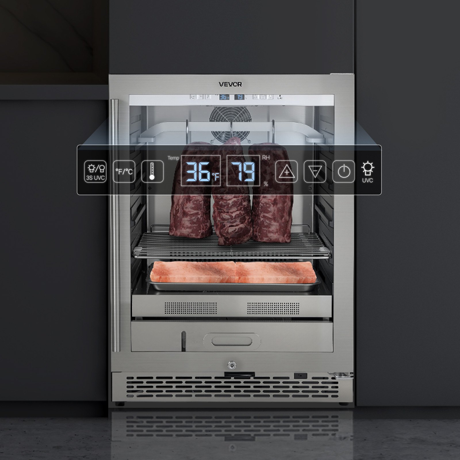 VEVOR 45 KG Dry Aging Fridge for Steaks, Dry Ager Refrigerator for Meat with Precise Temperature & Humidity Control, Freestanding & Under Counter Beef Aging Machine for Home Kitchen Restaurant Hotel