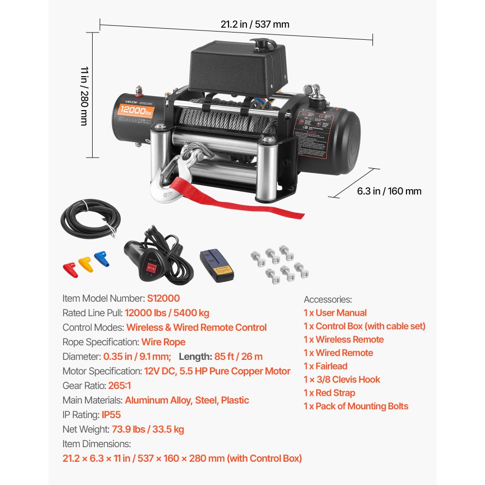 VEVOR Cabrestante Eléctrico 12 V CC, Capacidad de Carga de 5400 kg, Cabrestante para Camión con Cable de Acero de 9,1 mm x 26 m, para Remolcar SUV, Jeeps, Remolques, Barcos, Vehículos Todoterreno