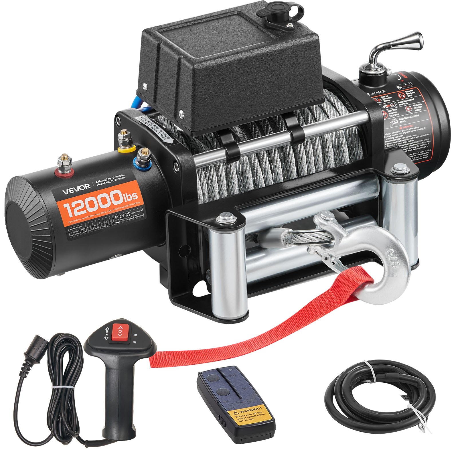 VEVOR Cabrestante Eléctrico 12 V CC, Capacidad de Carga de 5400 kg, Cabrestante para Camión con Cable de Acero de 9,1 mm x 26 m, para Remolcar SUV, Jeeps, Remolques, Barcos, Vehículos Todoterreno
