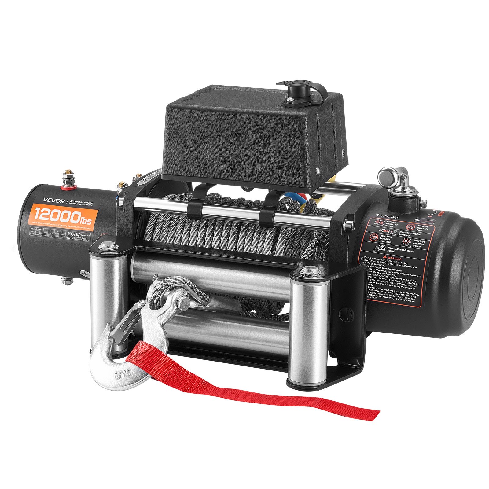 VEVOR Cabrestante Eléctrico 12 V CC, Capacidad de Carga de 5400 kg, Cabrestante para Camión con Cable de Acero de 9,1 mm x 26 m, para Remolcar SUV, Jeeps, Remolques, Barcos, Vehículos Todoterreno