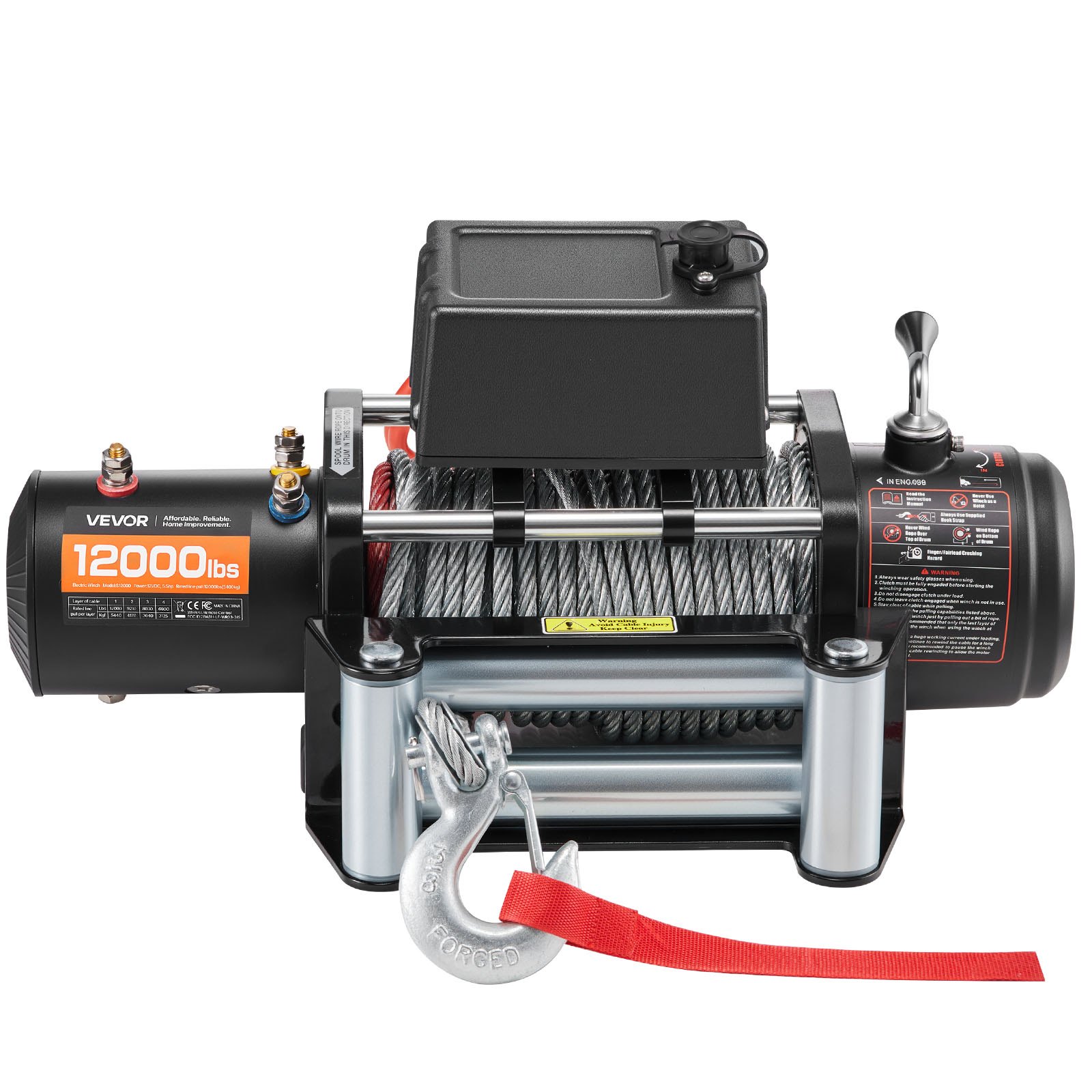 VEVOR Cabrestante Eléctrico 12 V CC, Capacidad de Carga de 5400 kg, Cabrestante para Camión con Cable de Acero de 9,1 mm x 26 m, para Remolcar SUV, Jeeps, Remolques, Barcos, Vehículos Todoterreno
