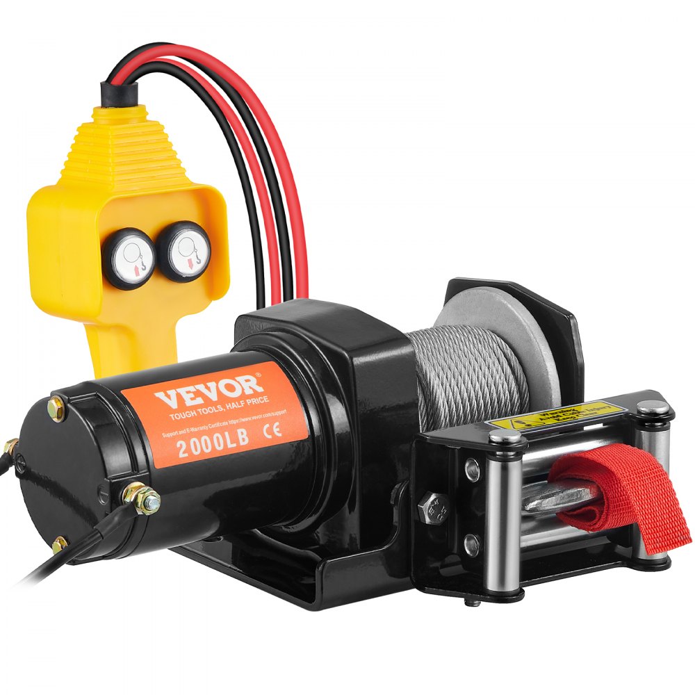VEVOR Cabrestante Eléctrico 12V 2000 libras / 907kg Cabrestante de Cable de Acero 1,8 m Control Remoto de Mano IP55 con Cable de Control Remoto Negro Ideal para Medianas Grandes SUV Camiones Yates