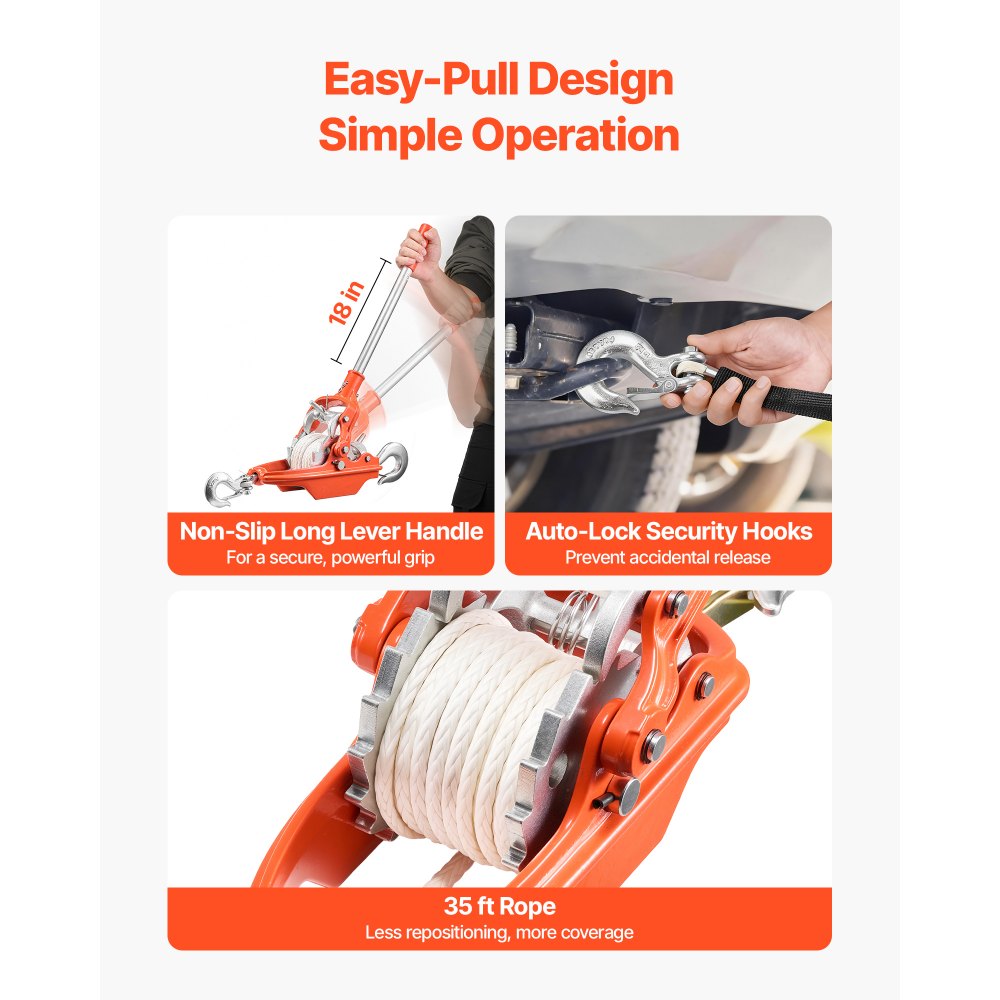 VEVOR Cabrestante Manual de Cable 3T, Tirador de Cable con Cuerda UHMWPE 10,6 m, Diámetro de 8 mm, Sistema de Doble Trinquete Acero Fundido Q345B para Tala de Árboles Recuperación Vehicular Arrastre