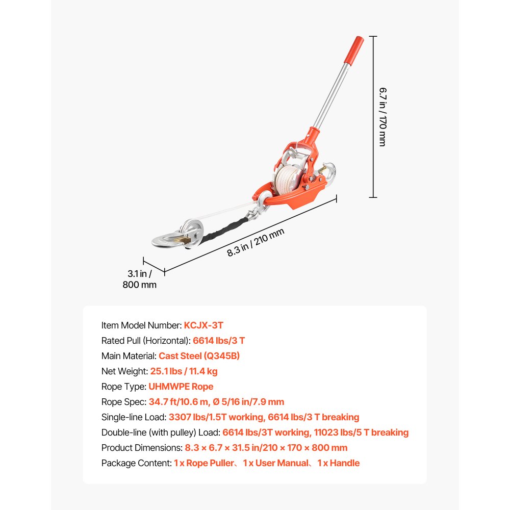 VEVOR Cabrestante Manual de Cable 3T, Tirador de Cable con Cuerda UHMWPE 10,6 m, Diámetro de 8 mm, Sistema de Doble Trinquete Acero Fundido Q345B para Tala de Árboles Recuperación Vehicular Arrastre
