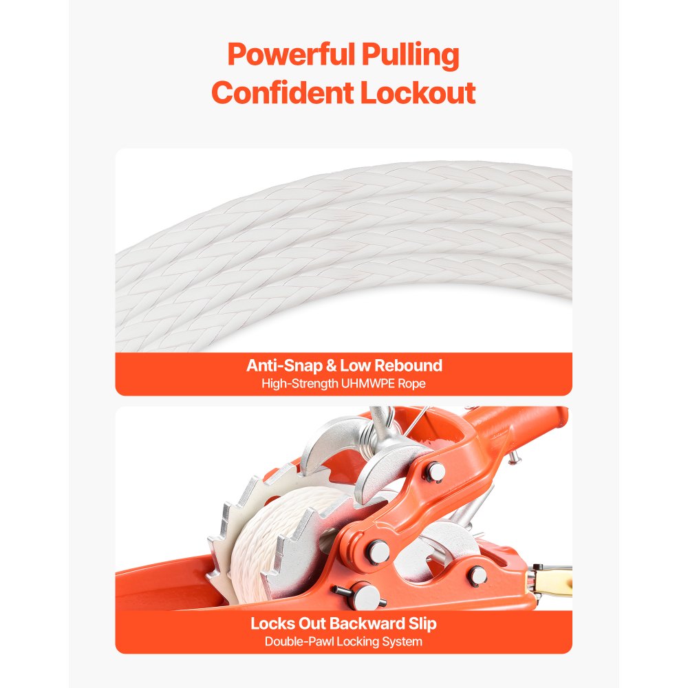 VEVOR Cabrestante Manual de Cable 3T, Tirador de Cable con Cuerda UHMWPE 10,6 m, Diámetro de 8 mm, Sistema de Doble Trinquete Acero Fundido Q345B para Tala de Árboles Recuperación Vehicular Arrastre