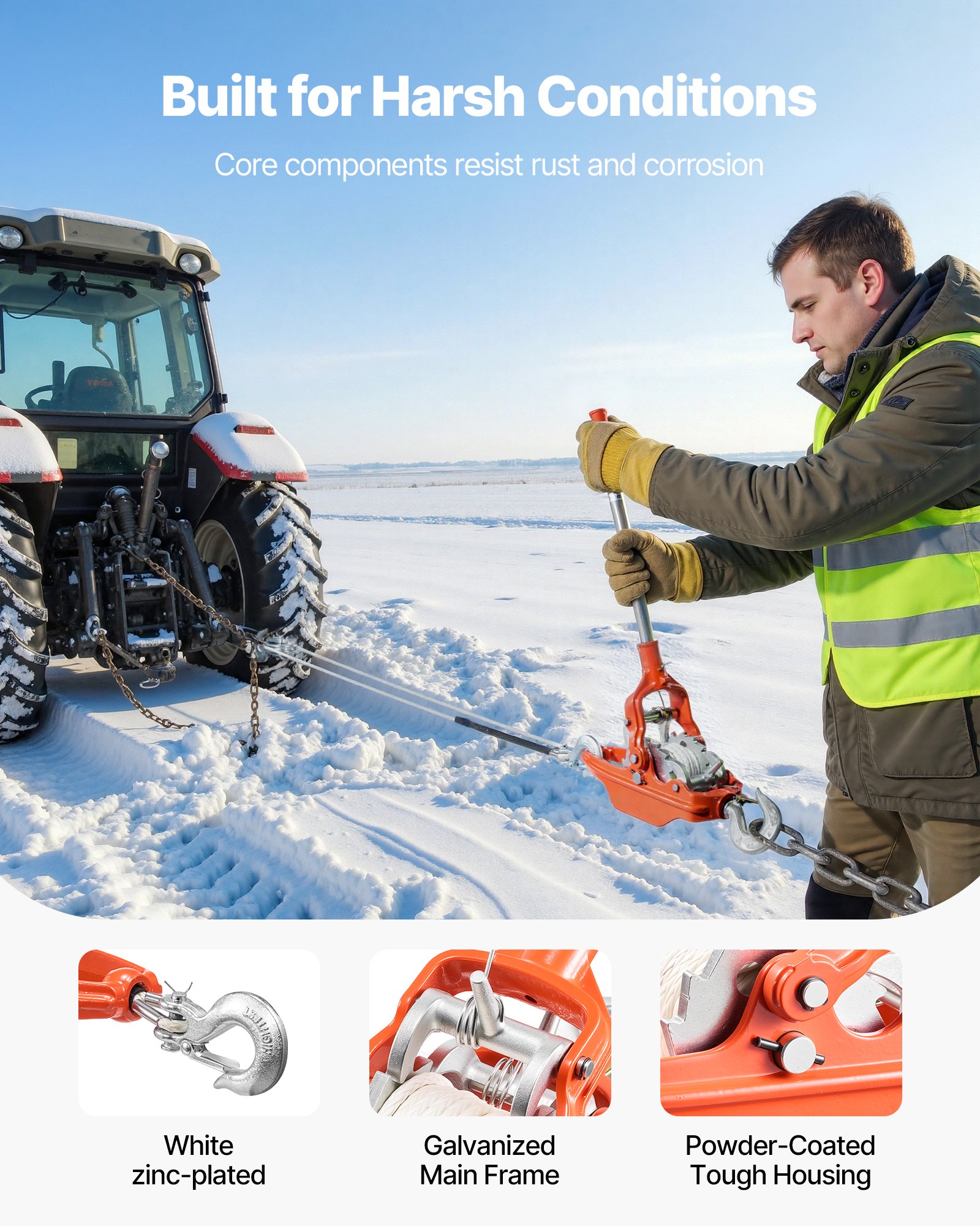 VEVOR Cabrestante Manual de Cable 3T, Tirador de Cable con Cuerda UHMWPE 10,6 m, Diámetro de 8 mm, Sistema de Doble Trinquete Acero Fundido Q345B para Tala de Árboles Recuperación Vehicular Arrastre