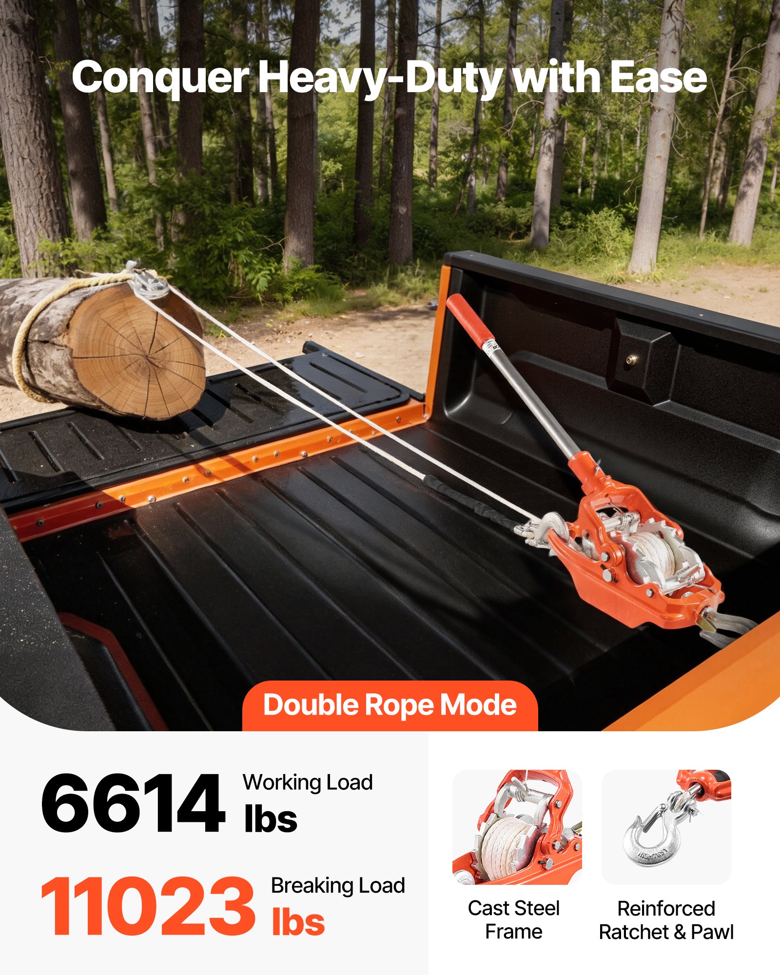 VEVOR Cabrestante Manual de Cable 3T, Tirador de Cable con Cuerda UHMWPE 10,6 m, Diámetro de 8 mm, Sistema de Doble Trinquete Acero Fundido Q345B para Tala de Árboles Recuperación Vehicular Arrastre