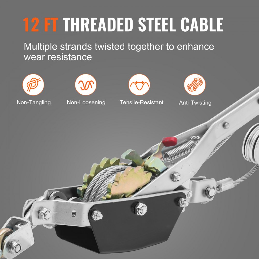 VEVOR Cabrestante de Tracción Capacidad de Tracción de 2 T Cable de Acero de 3,7 m 2 Ganchos Herramienta Extractora de Trinquete Extractor de Cable de Elevación Ideal para Rescate de Vehículos