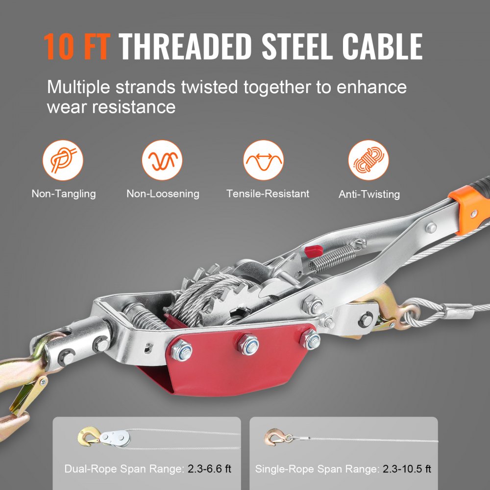VEVOR Cabrestante de Tracción, Capacidad de Tracción de 4 T Cable de Acero de 3 m con 3 Ganchos, Herramienta Extractora de Trinquete Extractor de Cable de Elevación para Rescate de Vehículos