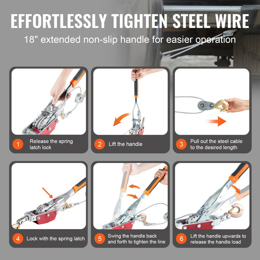 VEVOR Cabrestante de Tracción, Capacidad de Tracción de 4 T Cable de Acero de 3 m con 3 Ganchos, Herramienta Extractora de Trinquete Extractor de Cable de Elevación para Rescate de Vehículos