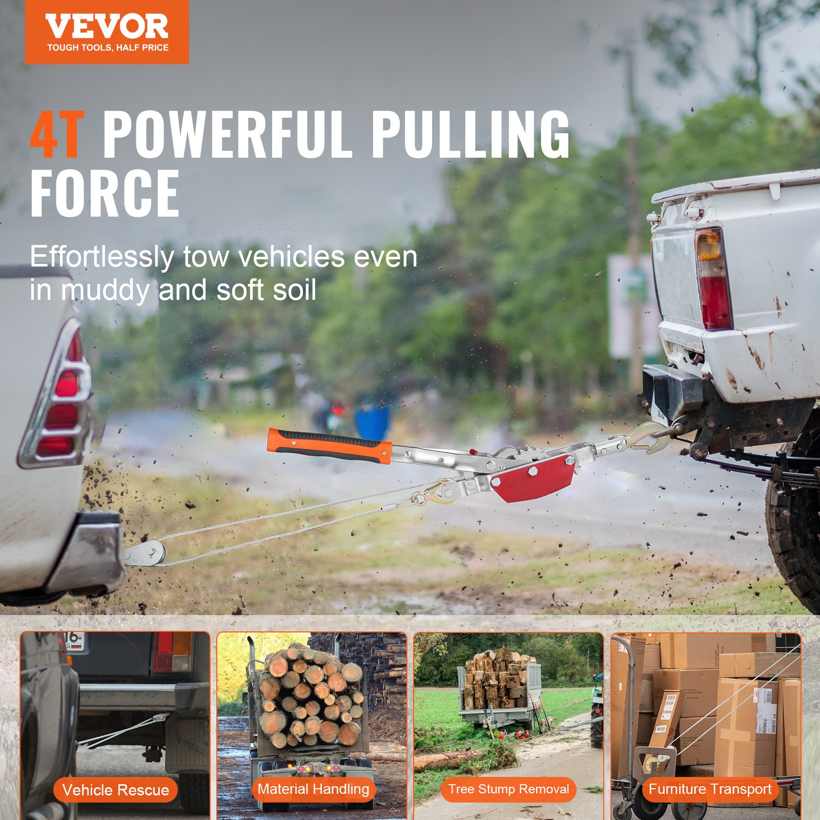 VEVOR Cabrestante de Tracción, Capacidad de Tracción de 4 T Cable de Acero de 3 m con 3 Ganchos, Herramienta Extractora de Trinquete Extractor de Cable de Elevación para Rescate de Vehículos