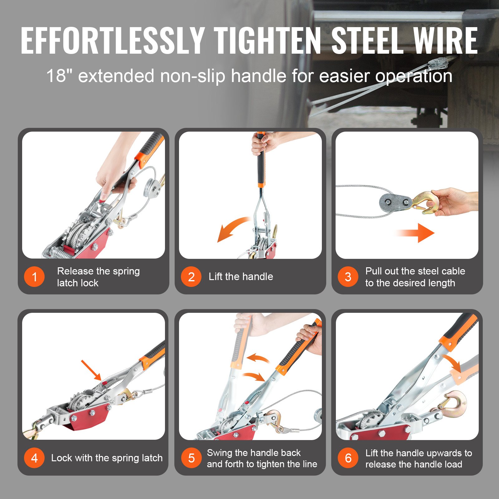 VEVOR Cabrestante de Tracción, Capacidad de Tracción de 4 T Cable de Acero de 3 m con 3 Ganchos, Herramienta Extractora de Trinquete Extractor de Cable de Elevación para Rescate de Vehículos