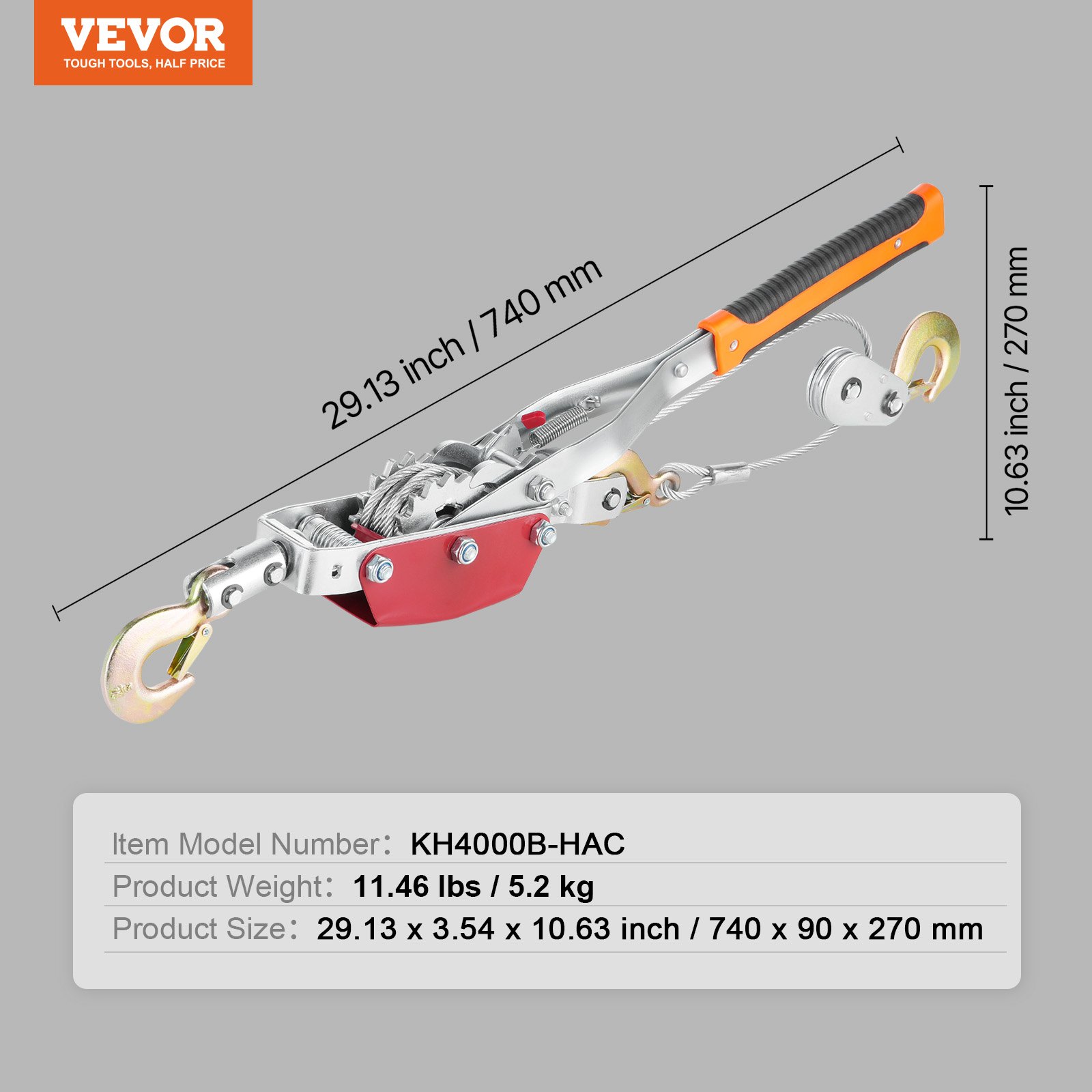VEVOR Cabrestante de Tracción, Capacidad de Tracción de 4 T Cable de Acero de 3 m con 3 Ganchos, Herramienta Extractora de Trinquete Extractor de Cable de Elevación para Rescate de Vehículos