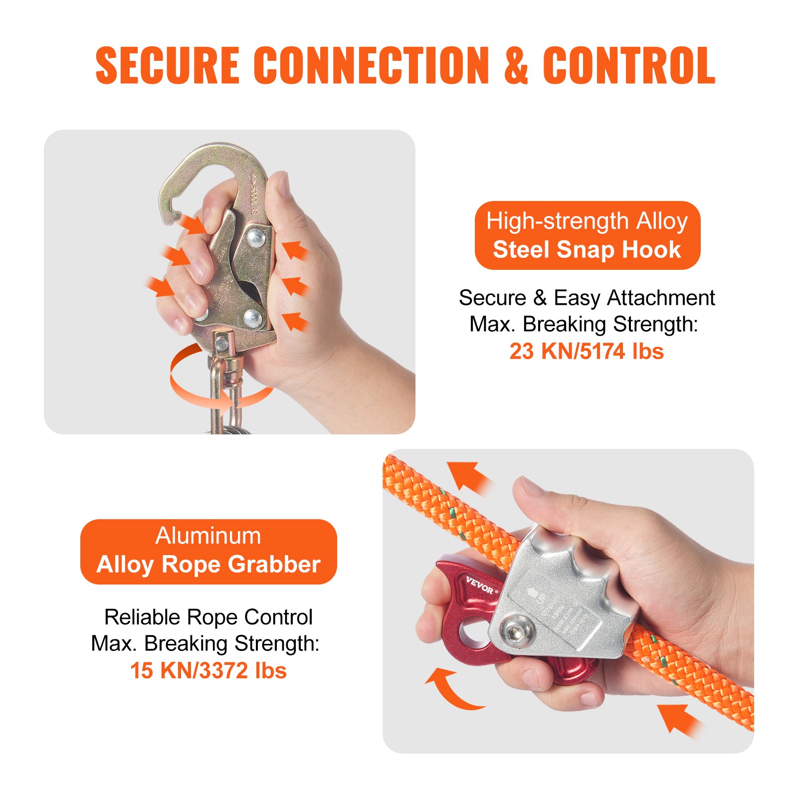 VEVOR Cuerda de Seguridad Núcleo de Acero 12,7 mm Cuerda de Escalada 3 m con Mosquetón de Aleación de Acero Aluminio Tensión de Rotura de 35,7 kN para Protección contra Caídas, Trepador de Árboles