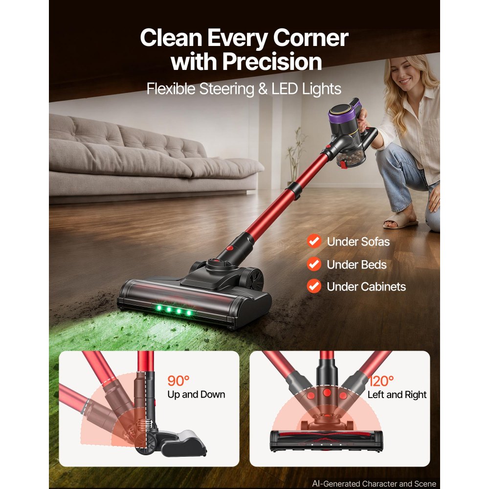 VEVOR Aspiradora sin Cable 400 W 40 kPa Aspiradora Escoba Autoportante, Máquina de Limpieza para Suelos, Alfombras, Pelos, Mascotas, Autonomía de 45 Minutos, Luz LED, Batería Recargable, Flexible