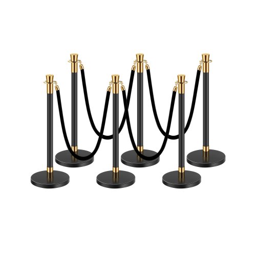 VEVOR 6 PCS Poste de Estaca de Acero Inoxidable de 1,5 m con Base Hueca de Inyección de Arena y 4 Cuerdas de Terciopelo Negro, Barreras de Control de Multitudes para Teatro, Fiesta, Boda, Negro