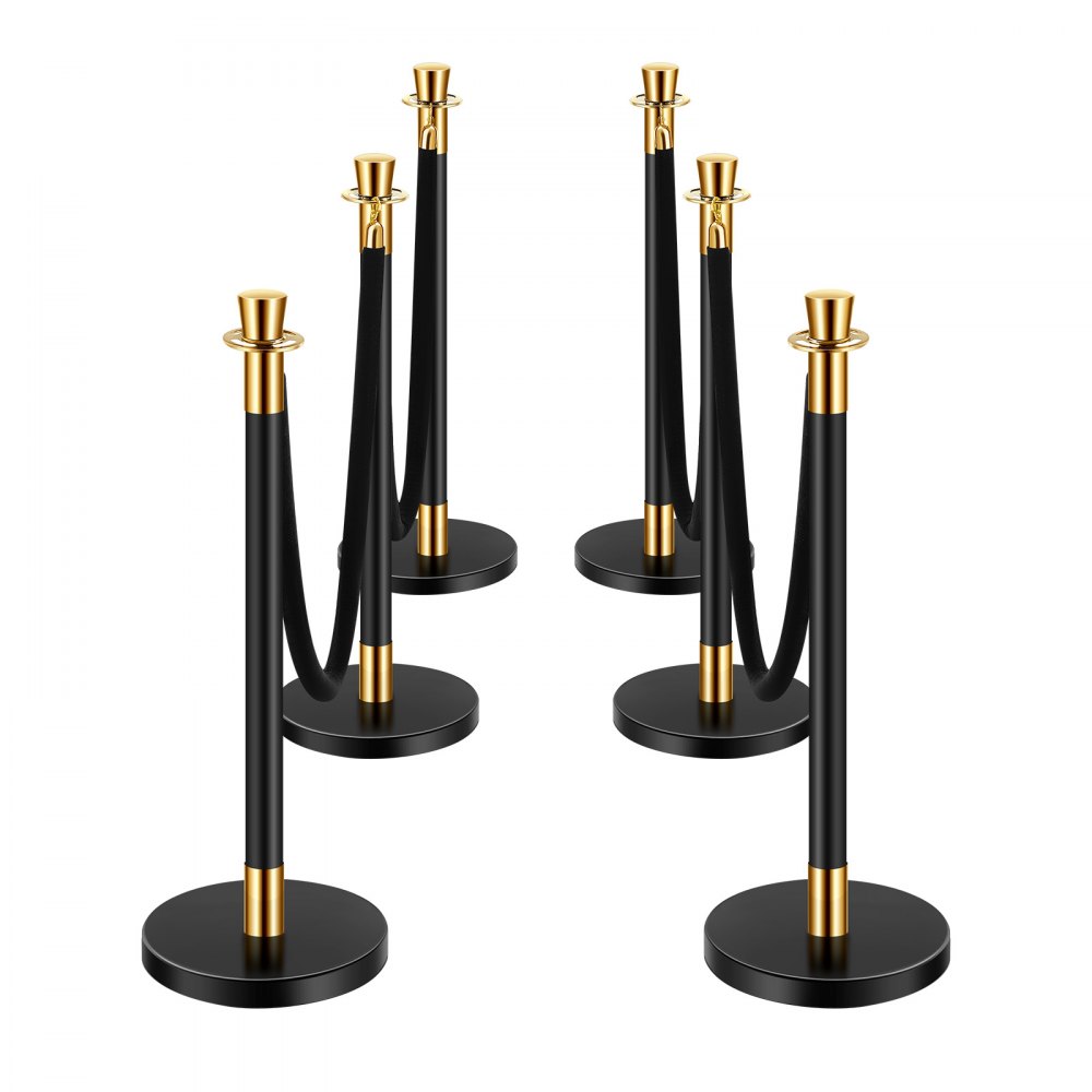 VEVOR 6 PCS Poste de Estaca de Acero Inoxidable de 1,5 m con Base Hueca de Inyección de Arena y 4 Cuerdas de Terciopelo Negro, Barreras de Control de Multitudes para Teatro, Fiesta, Boda, Negro