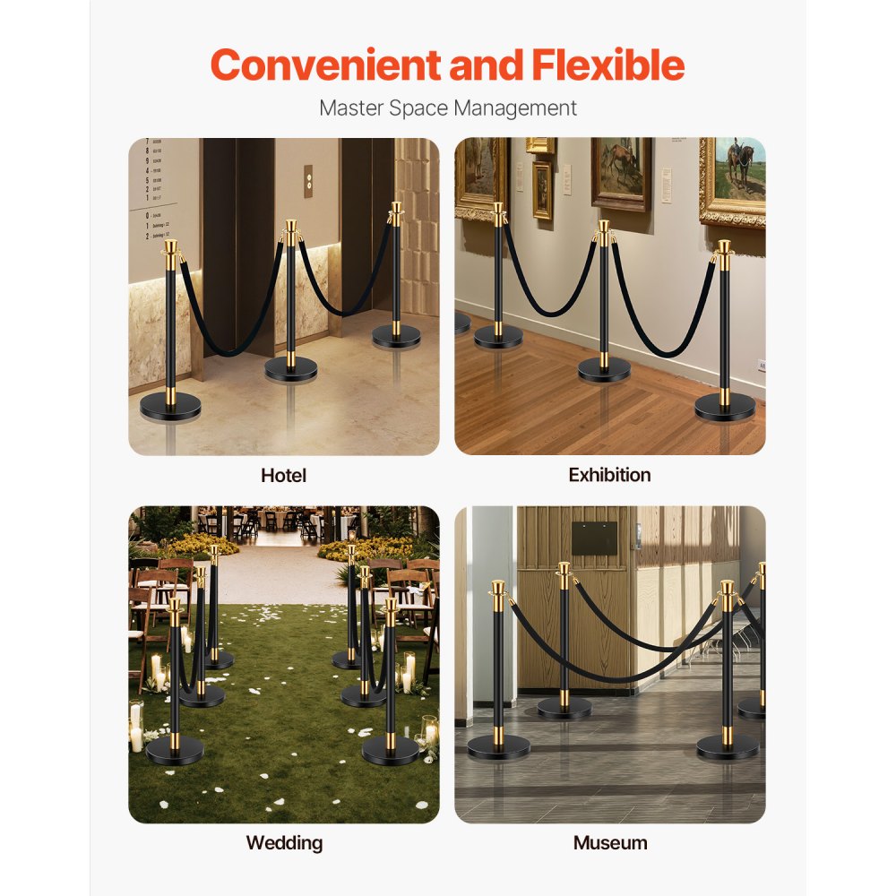 VEVOR Crowd Control Posts (6 pcs) with 4 black velvet ropes (1.5 m long), stainless steel barrier posts with refillable base for exhibitions