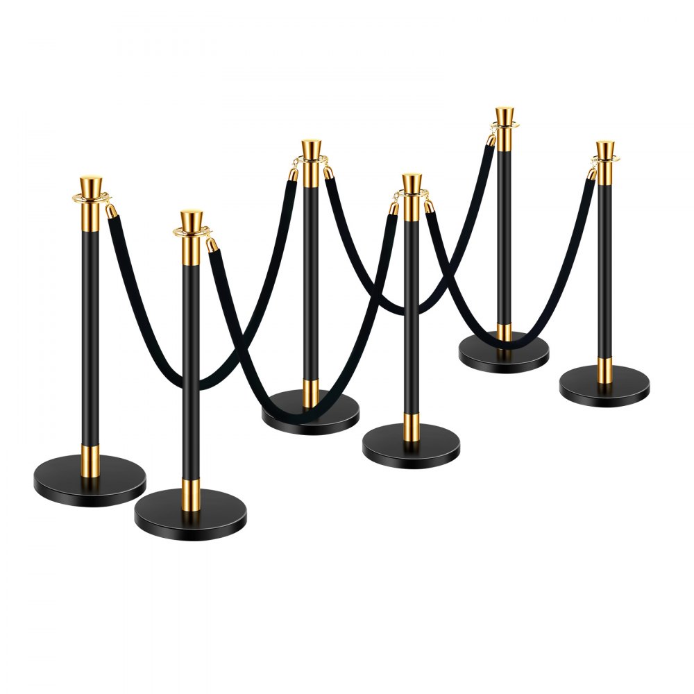 VEVOR Crowd Control Posts (6 pcs) with 4 black velvet ropes (1.5 m long), stainless steel barrier posts with refillable base for exhibitions