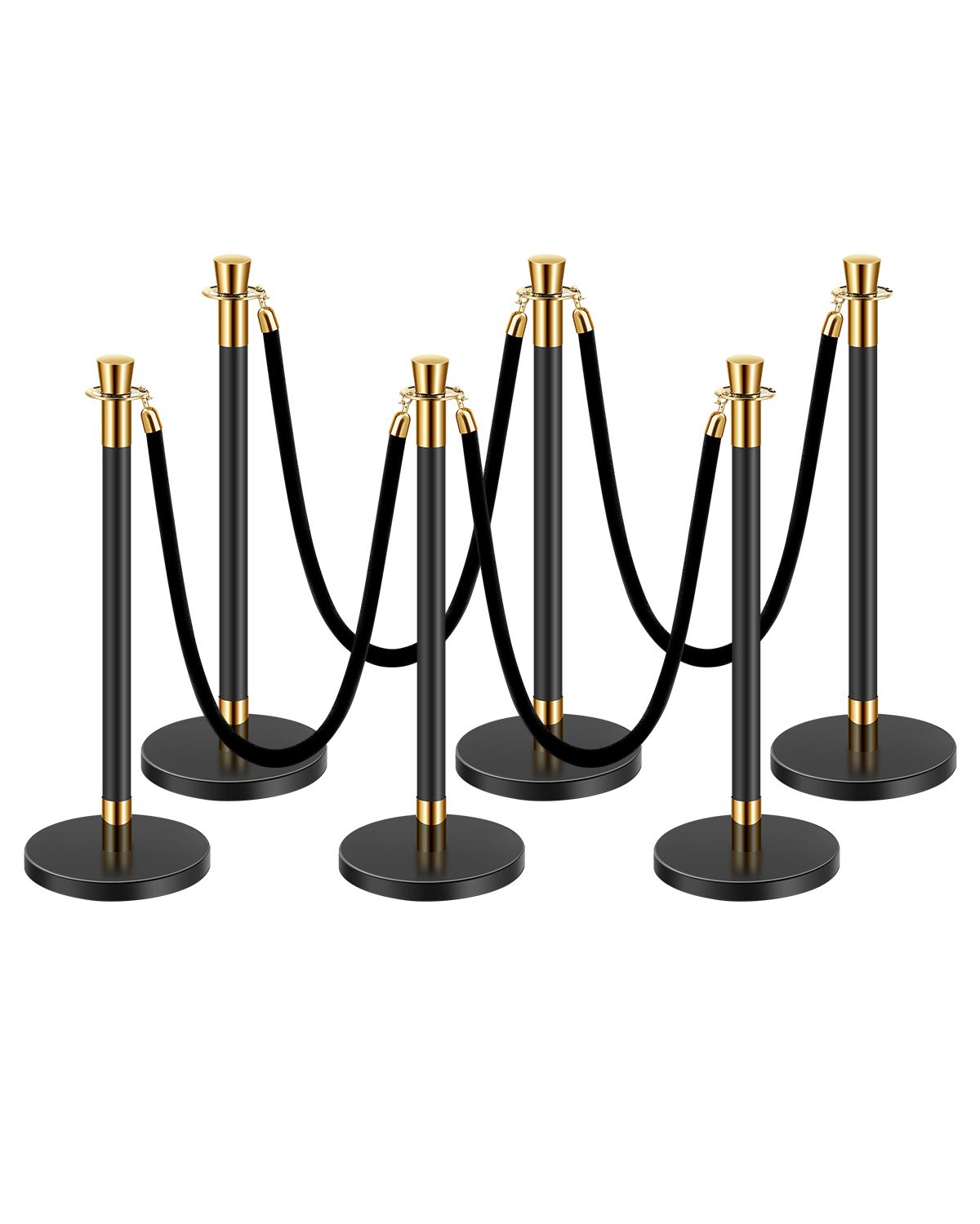 VEVOR 6 PCS Poste de Estaca de Acero Inoxidable de 1,5 m con Base Hueca de Inyección de Arena y 4 Cuerdas de Terciopelo Negro, Barreras de Control de Multitudes para Teatro, Fiesta, Boda, Negro