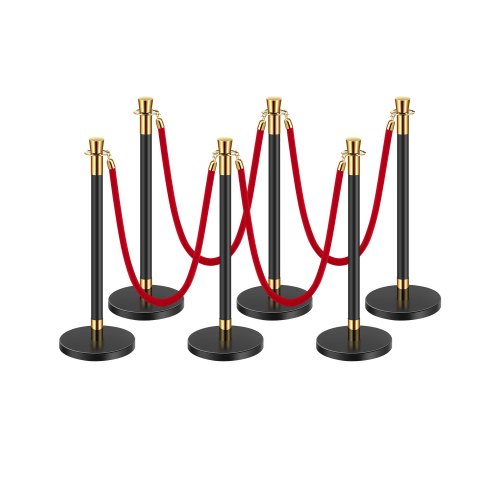 VEVOR 6 PCS Poste de Estaca de Acero Inoxidable de 1,5 m con Base Hueca de Inyección de Arena y 4 Cuerdas de Terciopelo Rojo, Barreras de Control de Multitudes para Teatro, Fiesta, Boda, Negro
