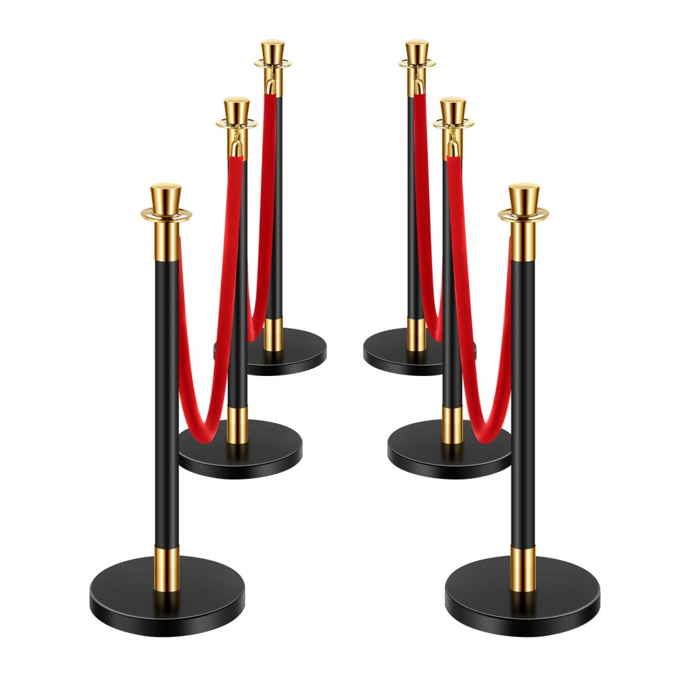 VEVOR 6 PCS Poste de Estaca de Acero Inoxidable de 1,5 m con Base Hueca de Inyección de Arena y 4 Cuerdas de Terciopelo Rojo, Barreras de Control de Multitudes para Teatro, Fiesta, Boda, Negro