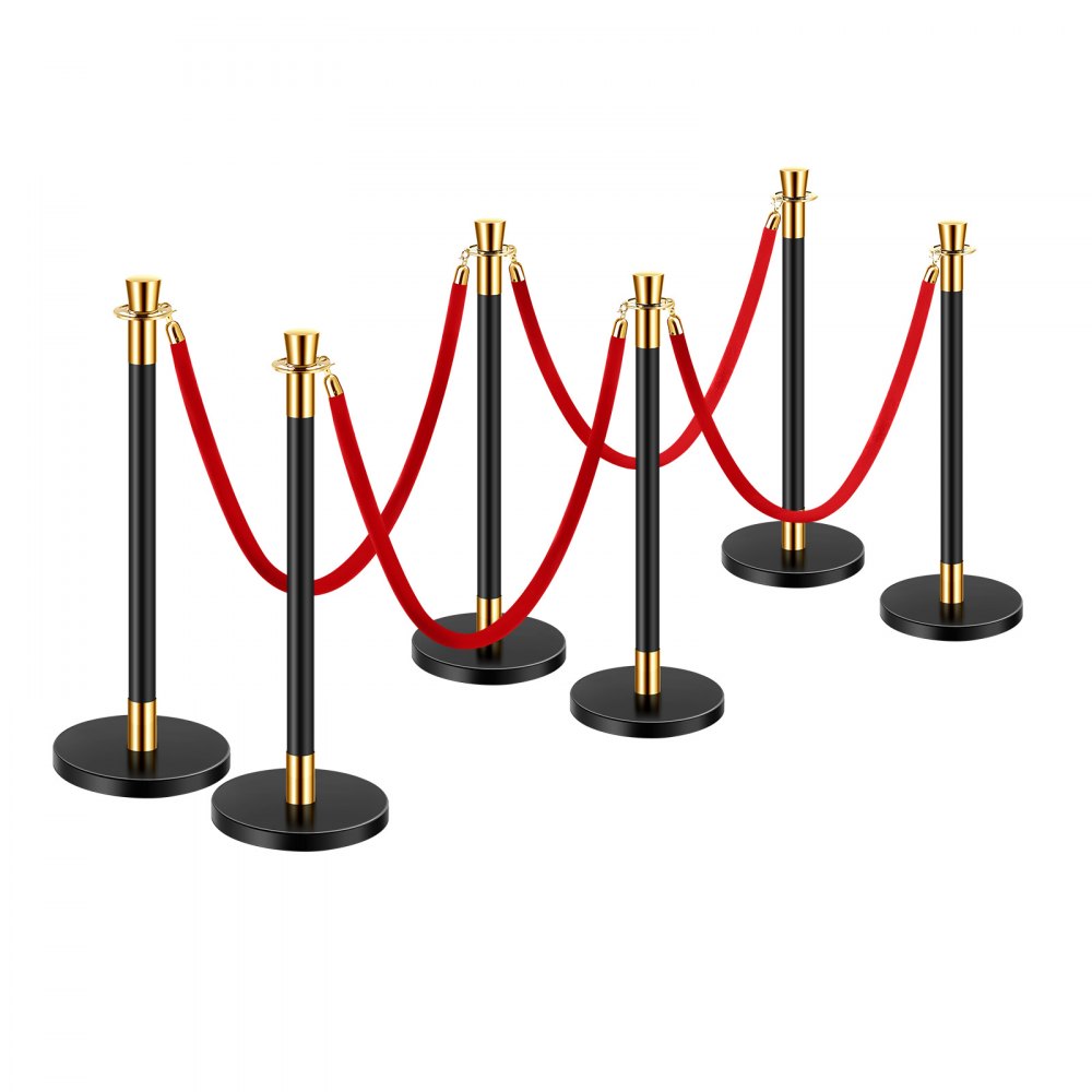 VEVOR Crowd Control Bollards (6 pcs) with 4 red velvet ropes (1.5 m long), stainless steel stanchions with refillable base for exhibitions, black