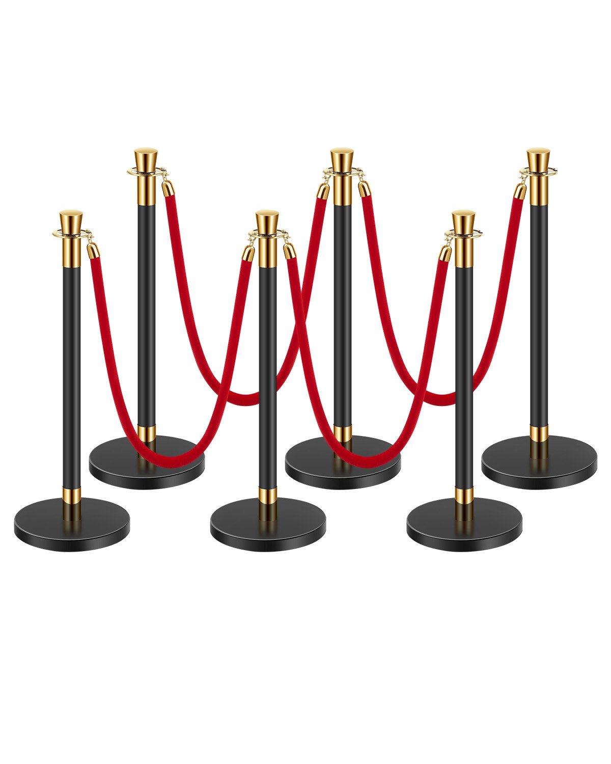 VEVOR 6 PCS Poste de Estaca de Acero Inoxidable de 1,5 m con Base Hueca de Inyección de Arena y 4 Cuerdas de Terciopelo Rojo, Barreras de Control de Multitudes para Teatro, Fiesta, Boda, Negro