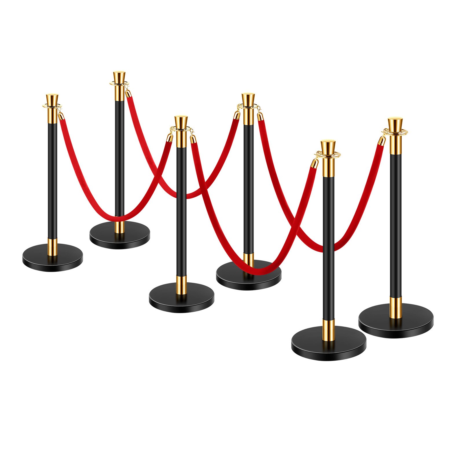 VEVOR 6 PCS Poste de Estaca de Acero Inoxidable de 1,5 m con Base Hueca de Inyección de Arena y 4 Cuerdas de Terciopelo Rojo, Barreras de Control de Multitudes para Teatro, Fiesta, Boda, Negro