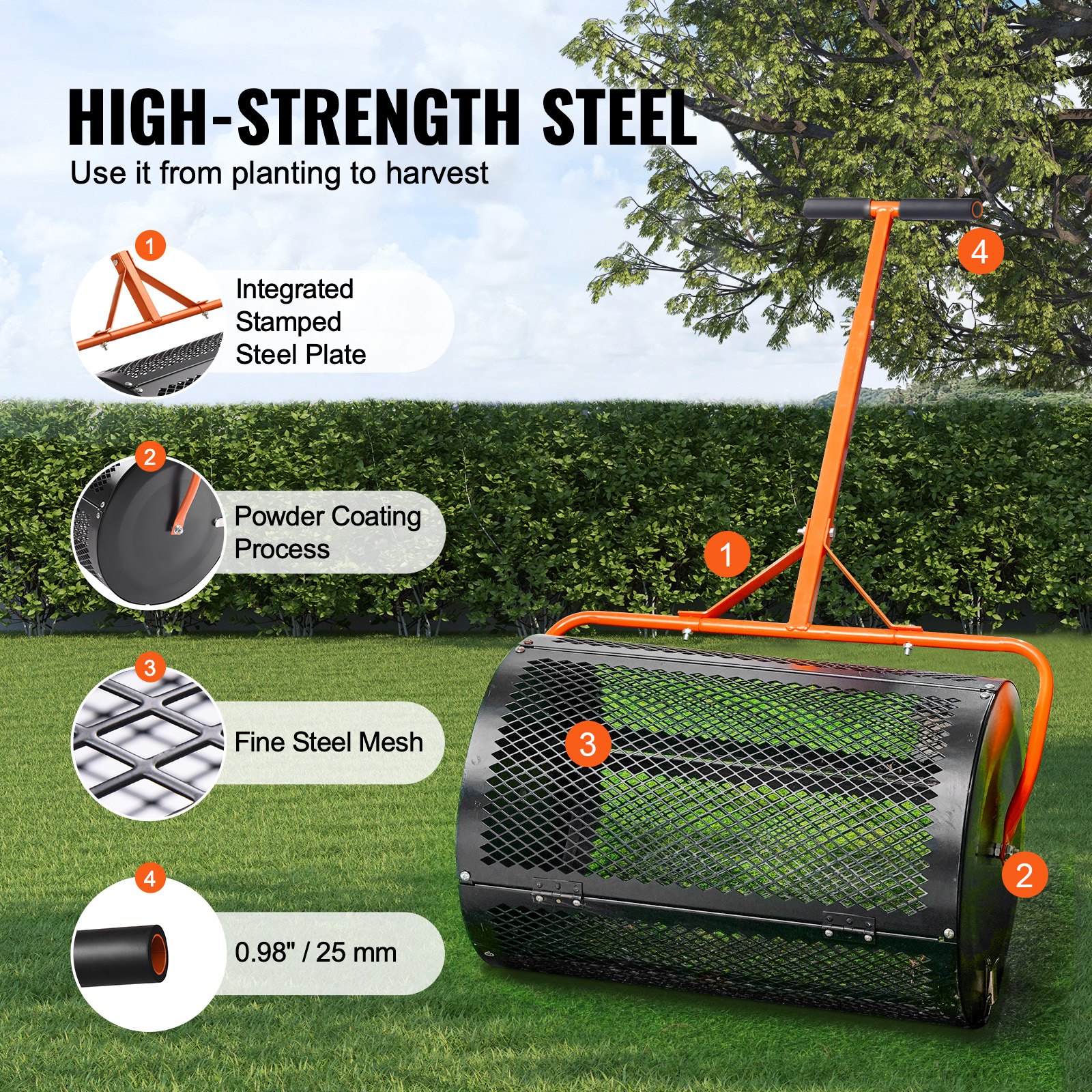 VEVOR Esparcidor de Abono para Turba y Musgo 60 cm Esparcidor de Césped con Rodillo Mango en T Altura Ajustable Cesta de Malla de Acero con Cierres Laterales para Esparcir Estiércol, Negro