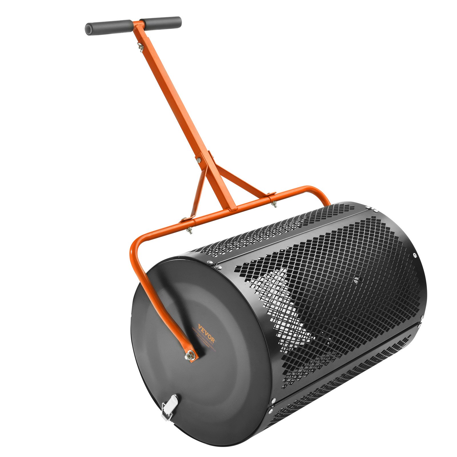 VEVOR Esparcidor de Abono para Turba y Musgo 60 cm Esparcidor de Césped con Rodillo Mango en T Altura Ajustable Cesta de Malla de Acero con Cierres Laterales para Esparcir Estiércol, Negro