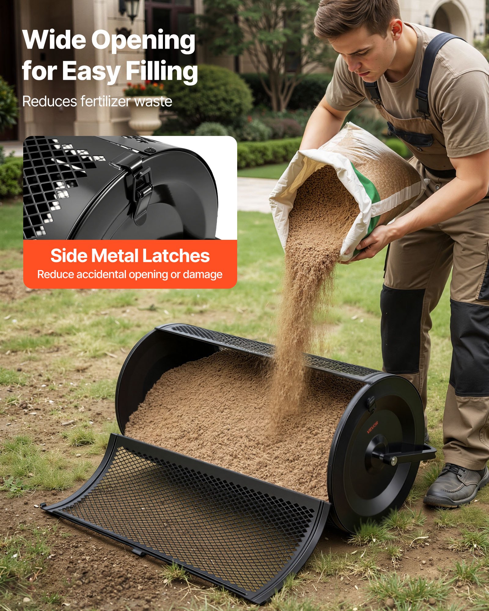 VEVOR Esparcidor de Compostaje 116 L, Ancho de Trabajo de 91 cm, Esparcidor de Semillas Abono Fertilizante, Cesto de Malla Metálica con Asa Ajustable de 4 Alturas Modo de Remolque, para Césped Jardín