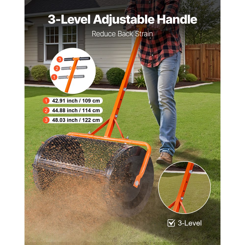 VEVOR Esparcidor de Compost Ancho de 67 cm con Mango en Forma de T 3 Niveles de Altura Esparcidor de Turba de Acero con Recubrimiento en Polvo Resistente para Jardín, Césped, Terreno Agrícola, Negro