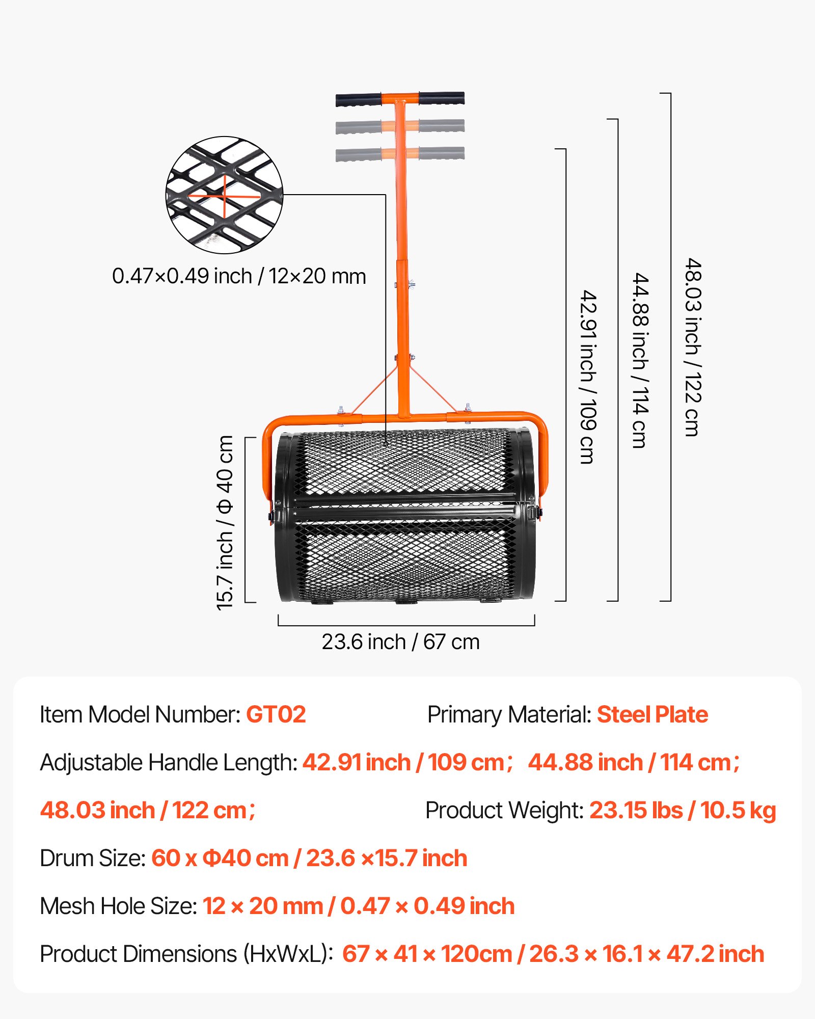 VEVOR Esparcidor de Compost Ancho de 67 cm con Mango en Forma de T 3 Niveles de Altura Esparcidor de Turba de Acero con Recubrimiento en Polvo Resistente para Jardín, Césped, Terreno Agrícola, Negro