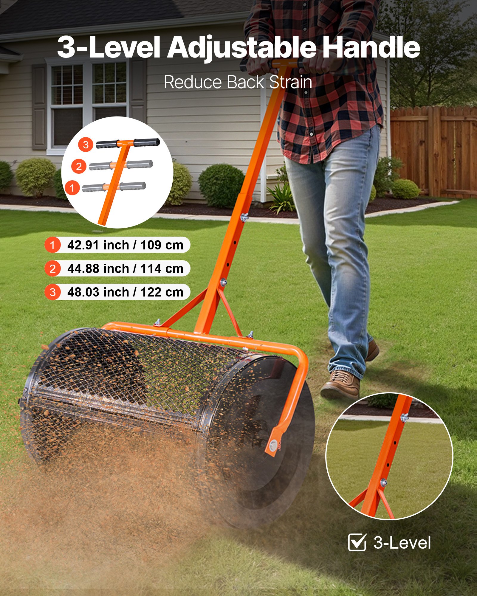 VEVOR Esparcidor de Compost Ancho de 67 cm con Mango en Forma de T 3 Niveles de Altura Esparcidor de Turba de Acero con Recubrimiento en Polvo Resistente para Jardín, Césped, Terreno Agrícola, Negro