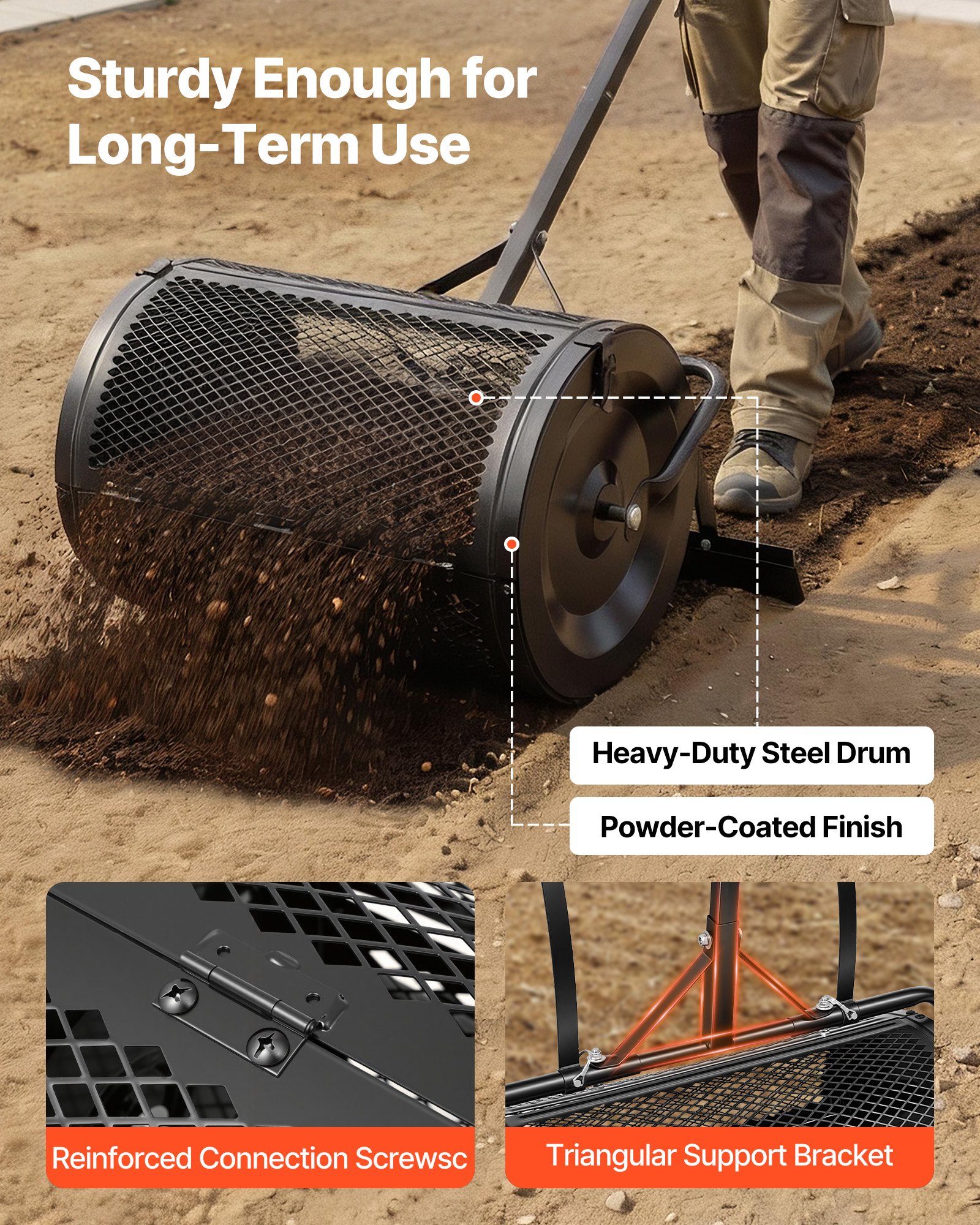 VEVOR Esparcidor de Compostaje 76,5 L, Ancho de Trabajo de 61 cm, Esparcidor de Abono Semillas Fertilizante, con Enganche de Remolque y Cepillo Nivelador, Acero, Distribuidor para Césped Jardín Huerto