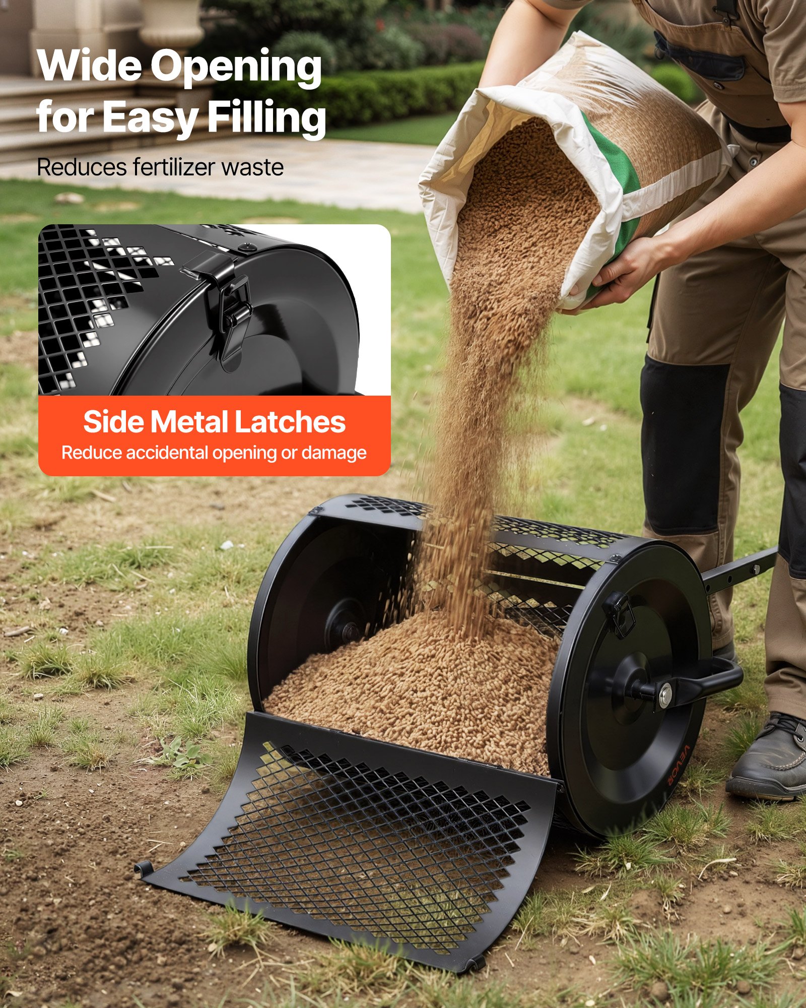 VEVOR Esparcidor de Compostaje 34 L, Ancho de Trabajo de 42 cm, Esparcidor de Abono Semillas Fertilizante Musgo, Cesto de Malla Metálica con Asa Ajustable de 3 Alturas, Distribuidor para Césped Jardín