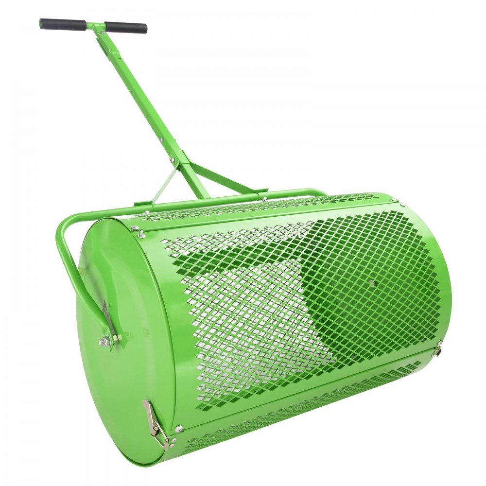 VEVOR Esparcidor de Abono para Turba y Musgo 60 cm Esparcidor de Césped con Rodillo Mango en T Altura Ajustable Cesta de Malla de Acero con Cierres Laterales para Esparcir Estiércol, Verde