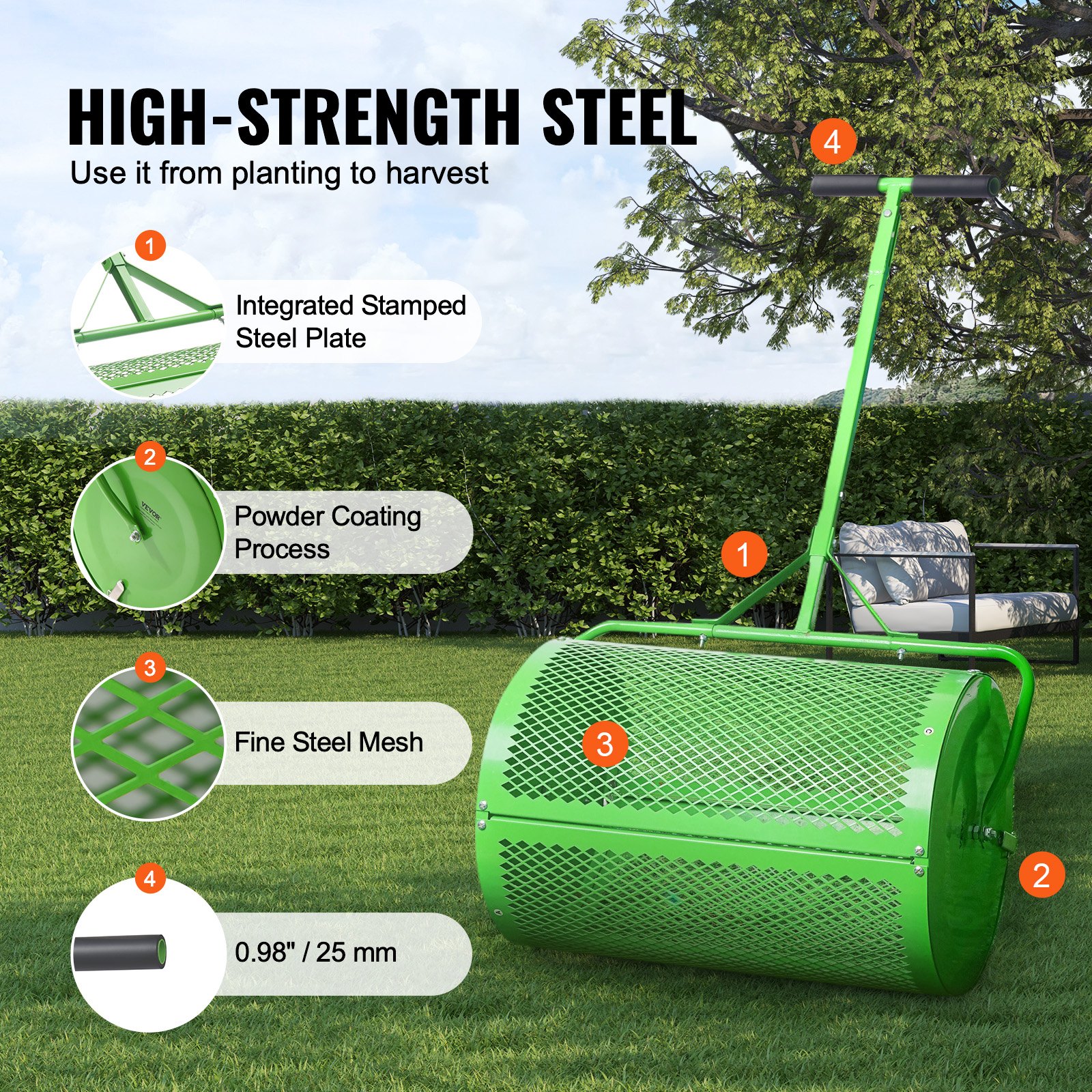 VEVOR Esparcidor de Abono para Turba y Musgo 60 cm Esparcidor de Césped con Rodillo Mango en T Altura Ajustable Cesta de Malla de Acero con Cierres Laterales para Esparcir Estiércol, Verde