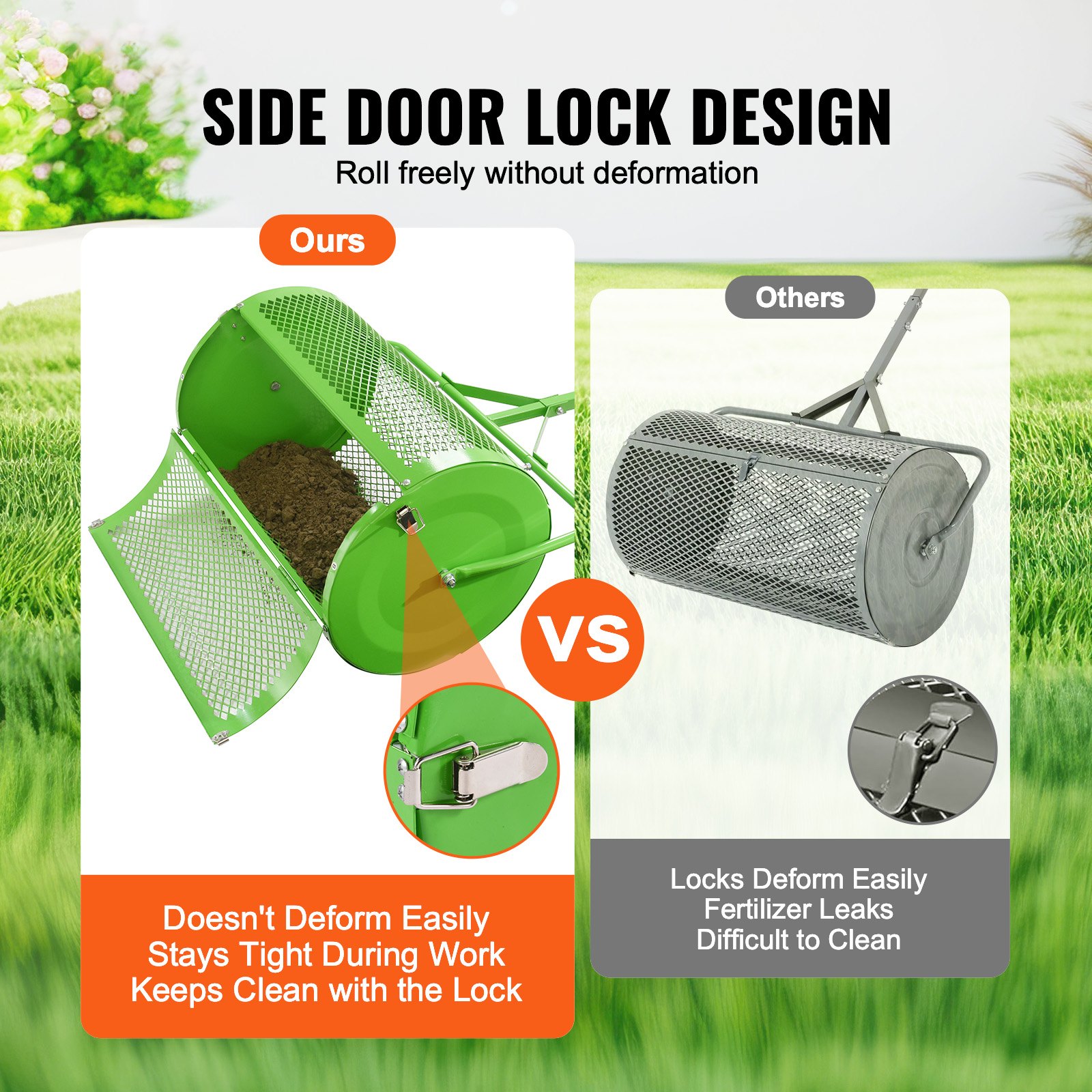 VEVOR Esparcidor de Abono para Turba y Musgo 60 cm Esparcidor de Césped con Rodillo Mango en T Altura Ajustable Cesta de Malla de Acero con Cierres Laterales para Esparcir Estiércol, Verde
