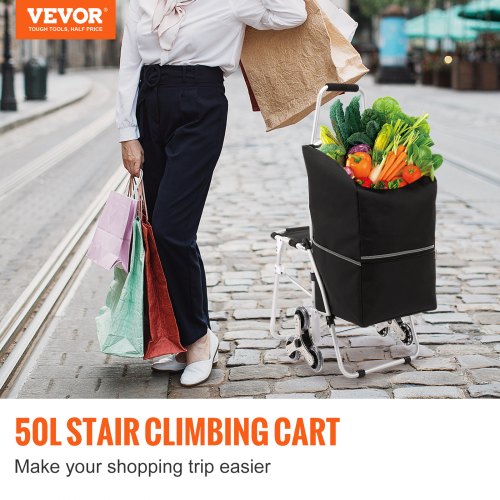 VEVOR Carro para Subir Escaleras 50L Carro de Compra Plegable con Bolsa Asiento