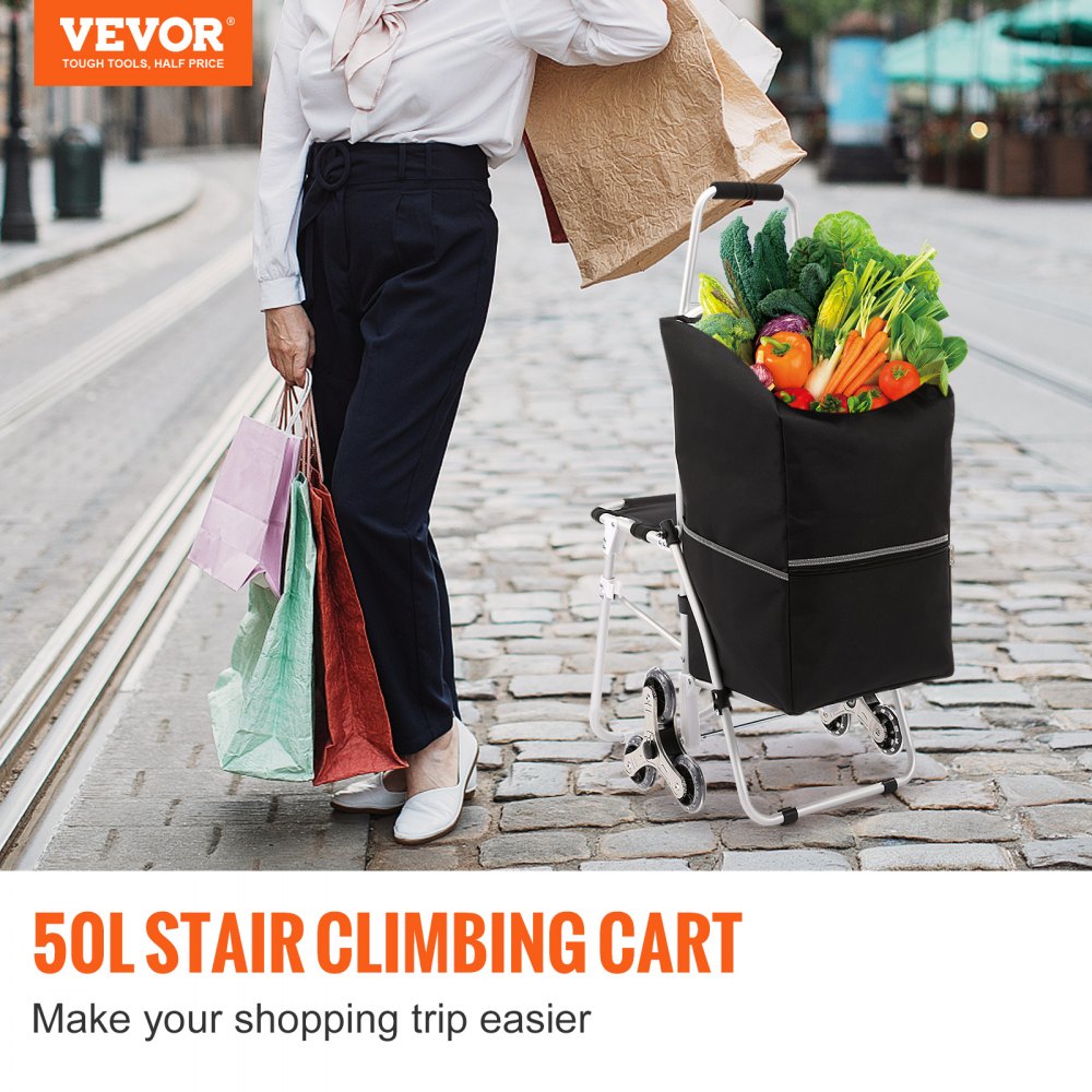 VEVOR Carro para Subir Escaleras 50L Carro de Compra Plegable con Bolsa Asiento