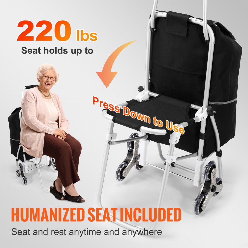 VEVOR Carro para Subir Escaleras 50L Carro de Compra Plegable con Bolsa Asiento