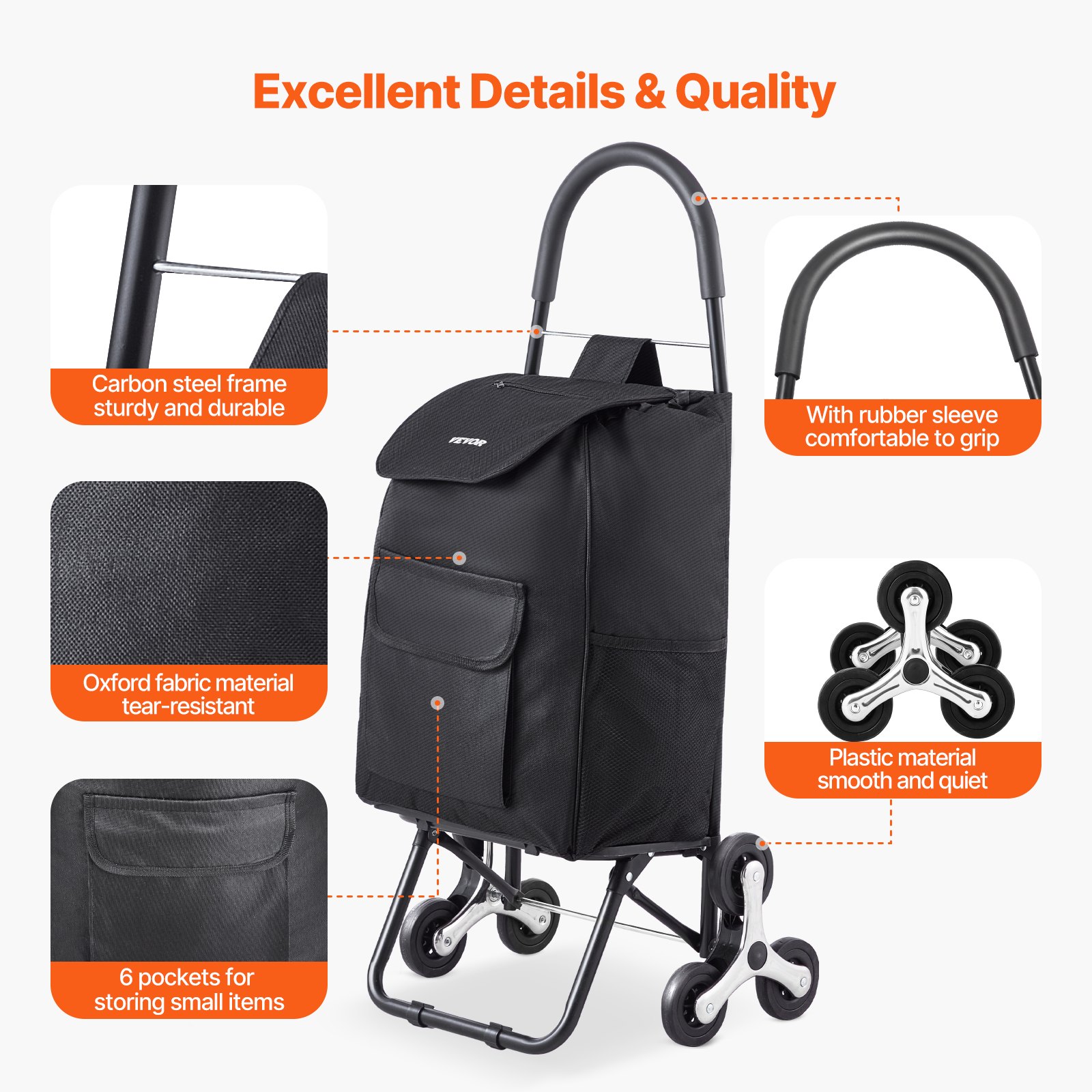 VEVOR foldable shopping trolley, 450x350x965mm, 6-wheeled stair-climbing hand truck, Oxford fabric storage bag, for shopping, office, moving, transport, outdoor use, laundry, black