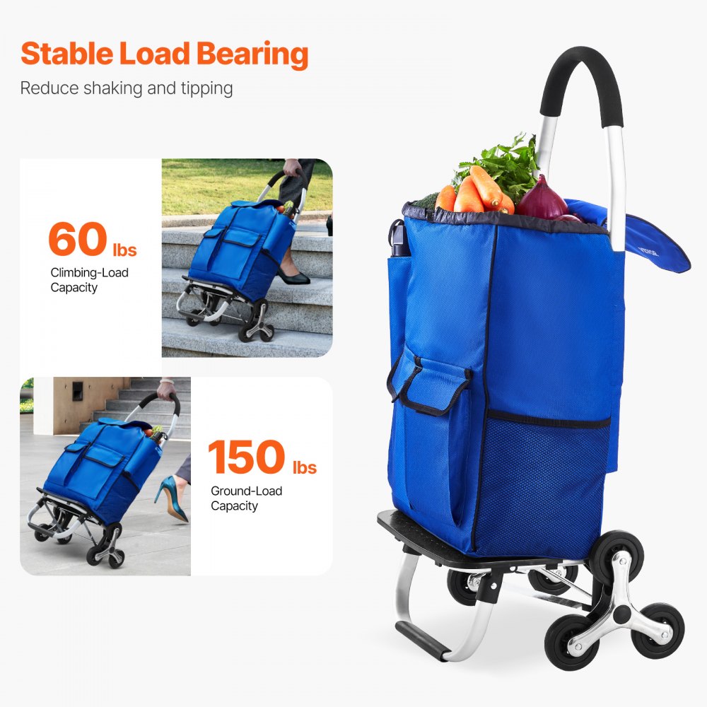 VEVOR foldable shopping trolley, 445 x 375 x 990 mm, 6-wheeled stair-climbing hand truck with Oxford fabric storage bag, for shopping, office, moving, transport, outdoor use, laundry
