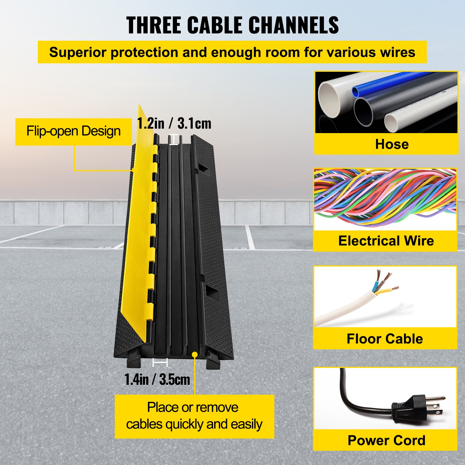 Rampa protectora de cables VEVOR con tres canales para manguera, cable eléctrico, cable de piso y cable de alimentación.