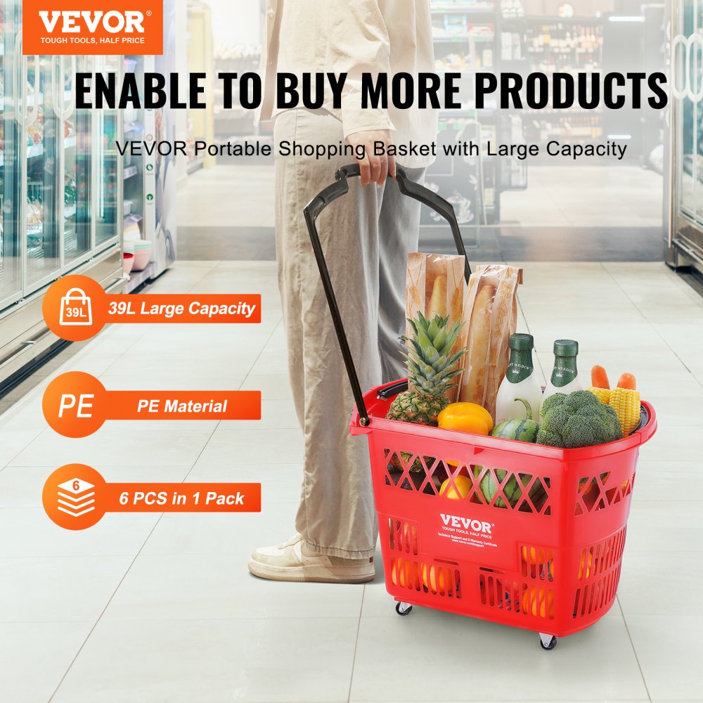 VEVOR Cesta Roja de la Compra, 6 Piezas, 39 L, Carros de la Compra con Asas y Ruedas de Plástico de 540 x 530 x 365 mm, Cesta de la Compra Portátil Grande para Supermercado, Tiendas Minoristas