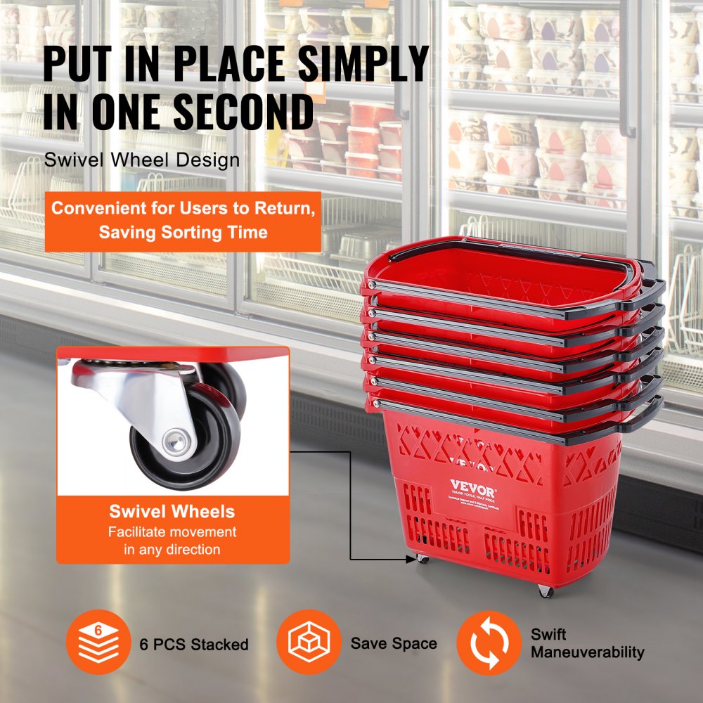 VEVOR Cesta Roja de la Compra, 6 Piezas, 39 L, Carros de la Compra con Asas y Ruedas de Plástico de 540 x 530 x 365 mm, Cesta de la Compra Portátil Grande para Supermercado, Tiendas Minoristas