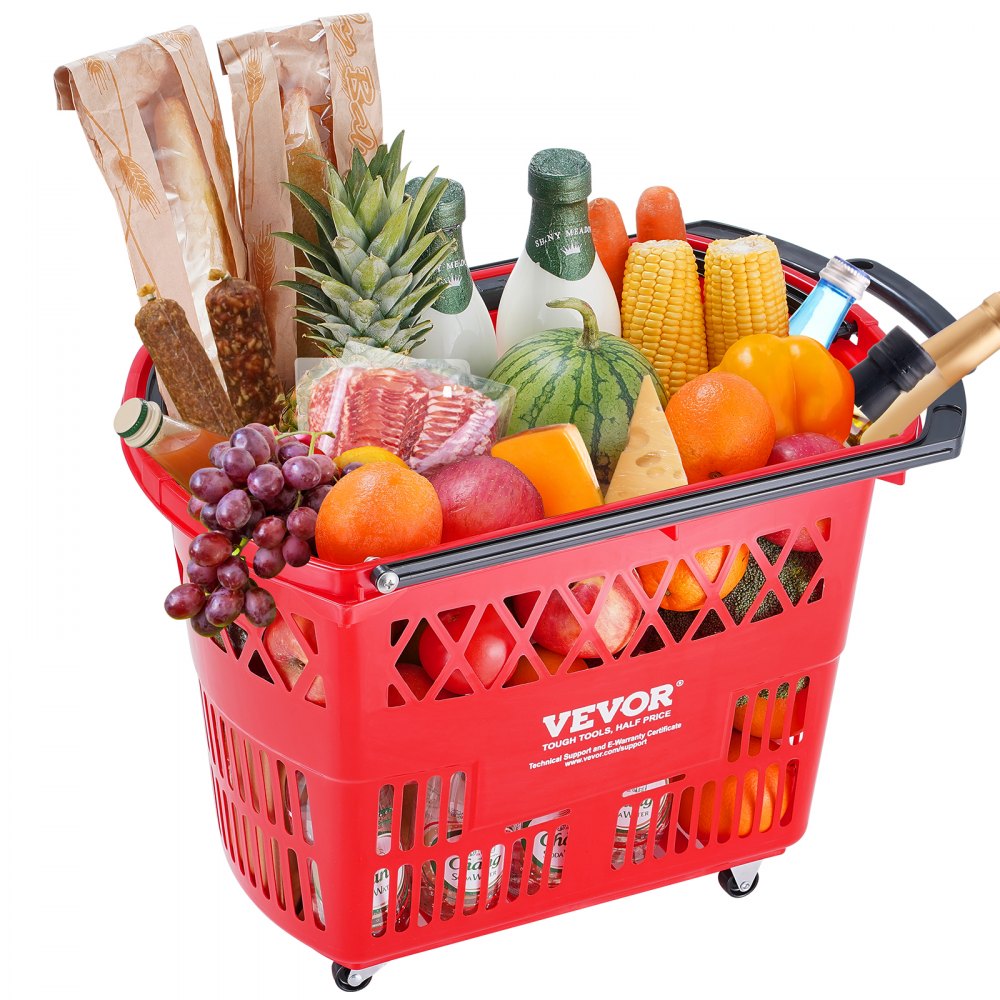 VEVOR Cesta Roja de la Compra, 6 Piezas, 39 L, Carros de la Compra con Asas y Ruedas de Plástico de 540 x 530 x 365 mm, Cesta de la Compra Portátil Grande para Supermercado, Tiendas Minoristas
