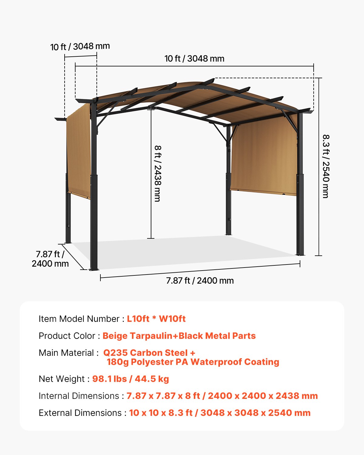 VEVOR Pergola 3x3 m, Garden Pavilion with Arched Top, Canopy with Sliding Roof, Large Patio Pavilion, Party Tent, Robust Garden Pergola for Terrace, Backyard, Porch, Pool